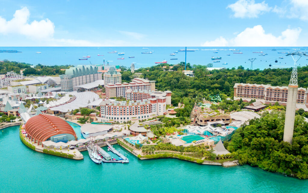Aerial view of Sentosa island resorts and attractions in Singapore